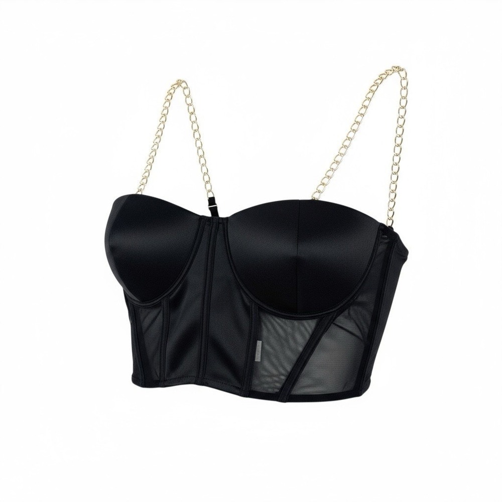 Chain Strap Bustier Corset Crop Top‎ Sz XL Black Mesh Zip Cocktail Party Costume